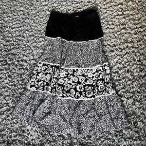 Floral Black, White, with silver lining vintage inspired Maxi skirt